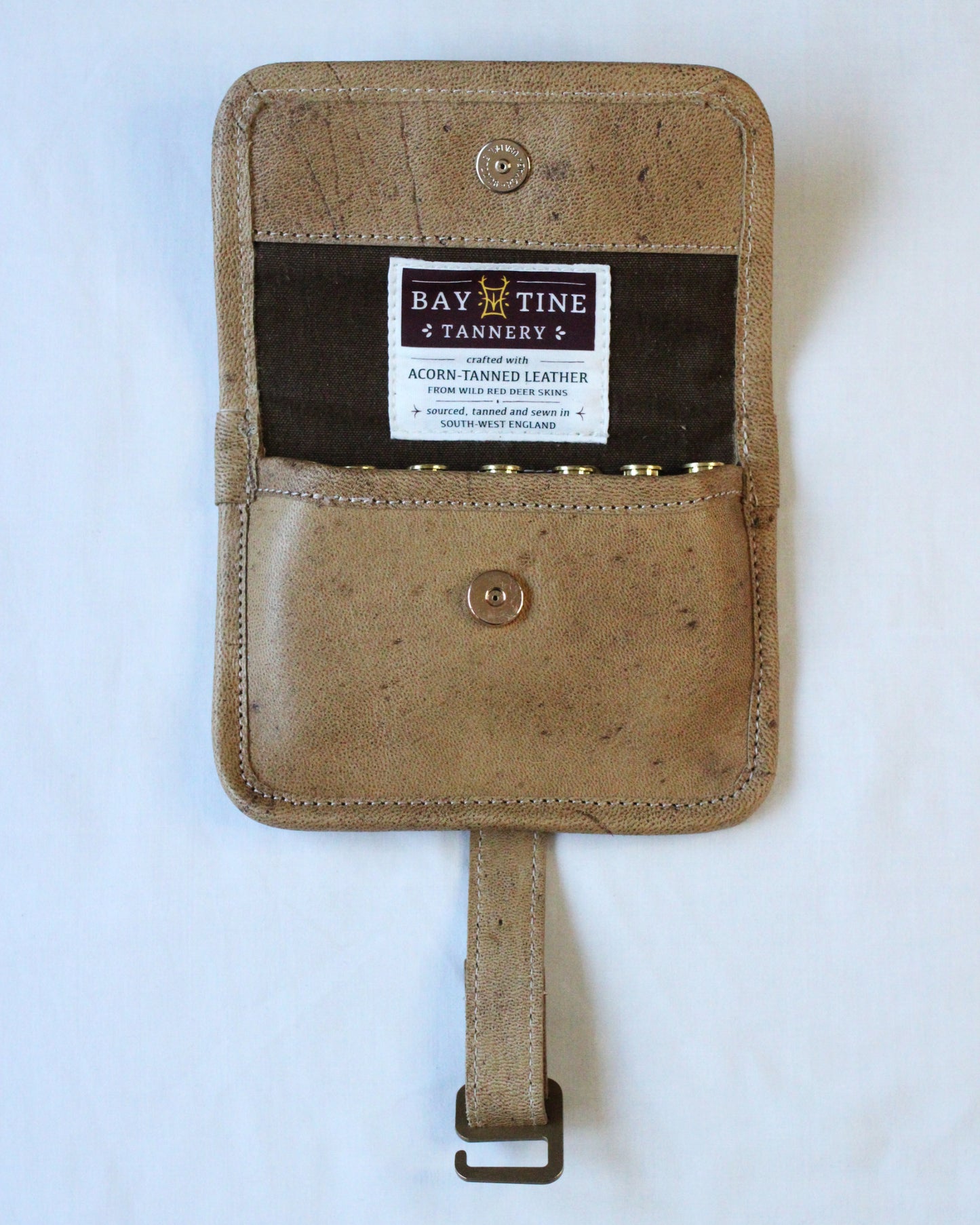 Bay Tine Tannery ammunition pouch in Acorn leather, featuring a compact design with secure closure and durable craftsmanship.