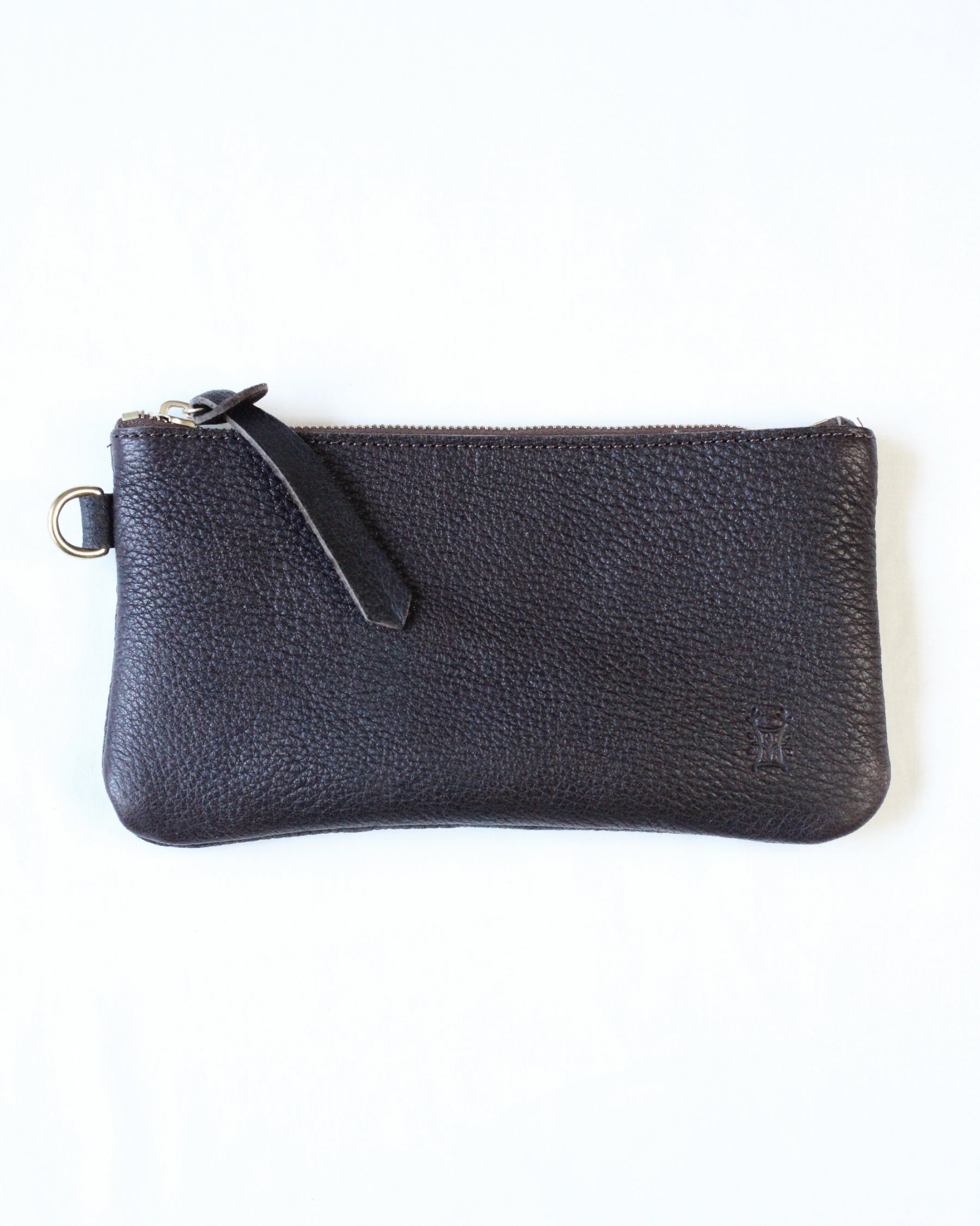 Black leather zip pouch with Dartmoor design by Bay Tine Tannery, featuring a compact and stylish storage accessory.